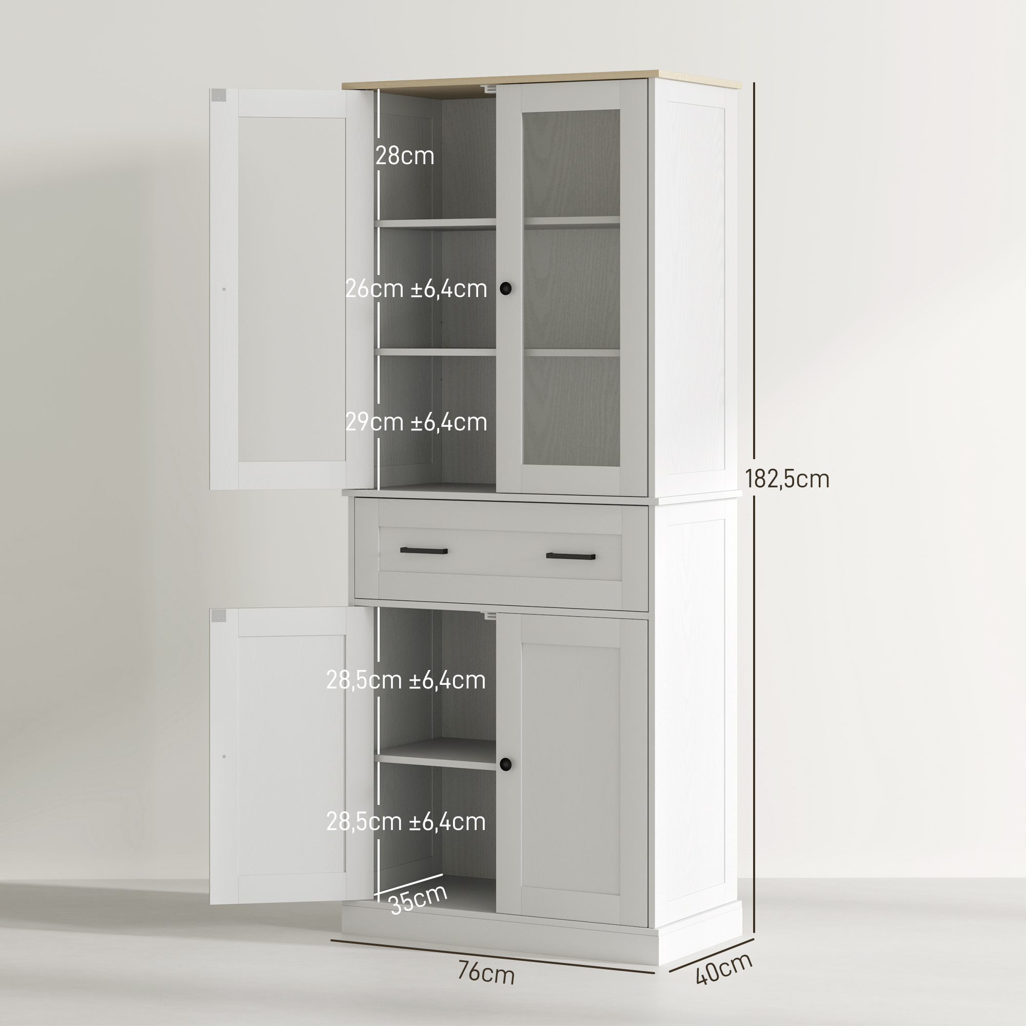 HOMCOM Keukenkast, Buffet, Acrylfront, Lades, 76 x 40 x 182,5 cm, Crèmewit