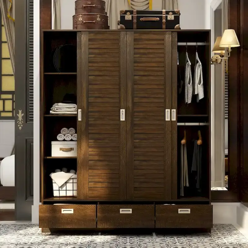 Closet Cabinet Wardrobe Armoire with Drawers, Hanging Rod Brown