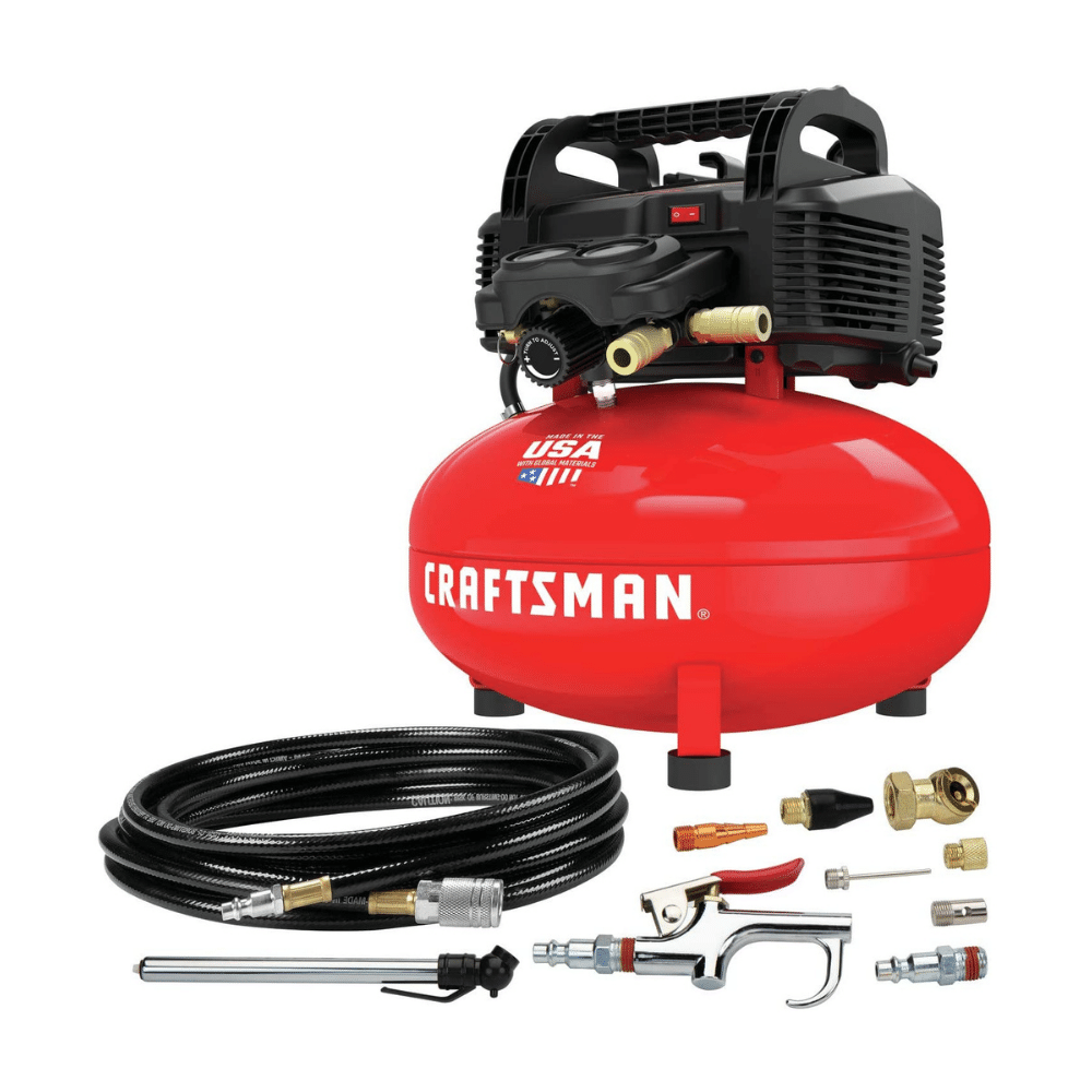 Compresor de aer Craftsman pentru clătite, 6 galoane, fără ulei, 150 PSI, portabil, cu kit de accesorii