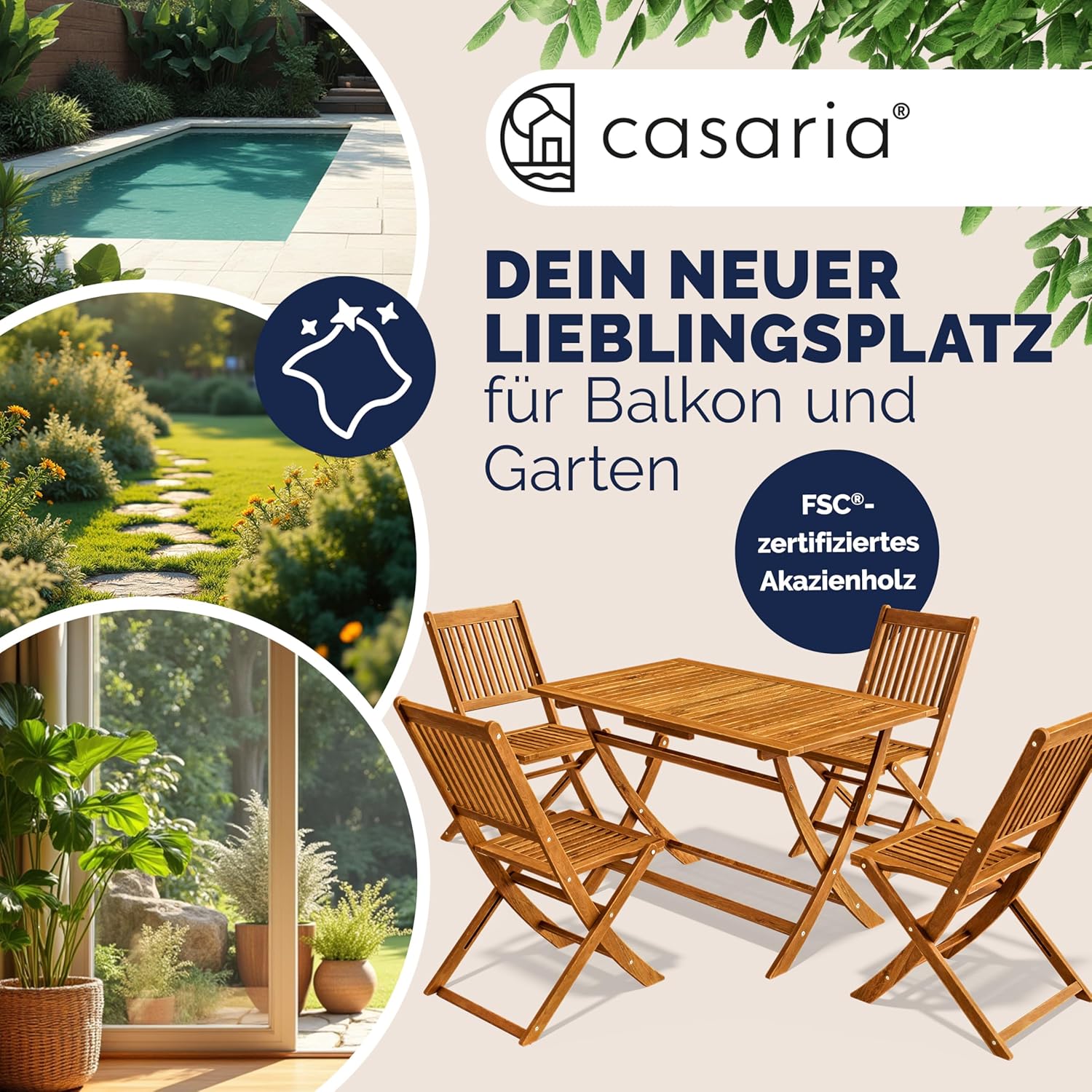 Casaria® Gartenmöbel Set Wetterfest Klappbar Akazie 5-TLG. FSC®-Zertifiziert Holz 160kg Belastbarkeit Garten Terrasse Balkonmöbel 120x70cm Möbelset 4 Personen