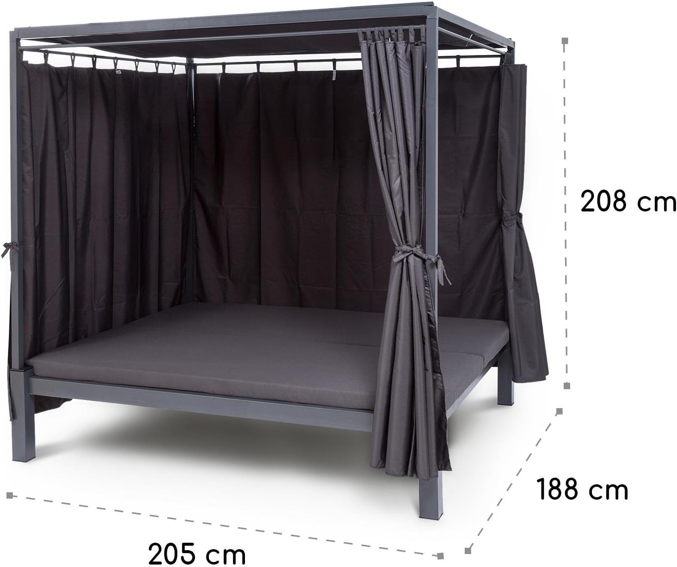 blumfeldt Senator Lounge - Doppel-Gartenliege mit Sonnendach, Lounge-Pavillon, 188 x 208 x 205 cm, komfortable Polsterung, Sichtschutz-Vorhänge, wasserfest, Stahlrahmen, max. 350 kg, grau