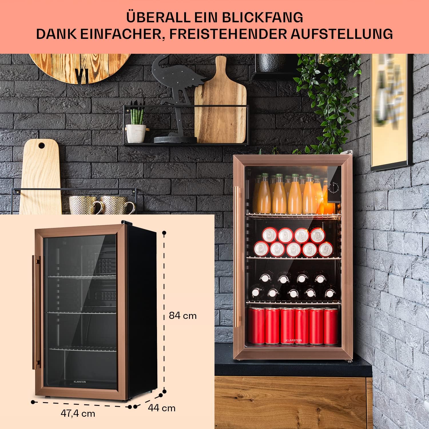 Klarstein XXL Mini Kühlschrank mit Glastür & LED, für Zimmer, Getränkekühlschrank Klein mit 3 Ablagen, 80L, Indoor/Outdoor, Leise & Wetterfest, 3-10°C