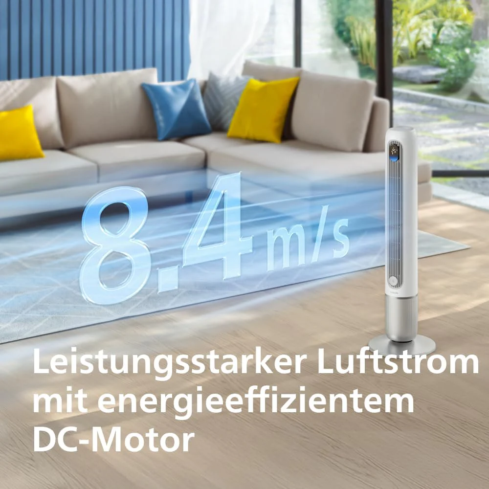 Philips Smarter toronyventilátor, 7000-es sorozat – 8,4 m/s erős légáram, ultra halk 22 dB, energiatakarékos, alkalmazás és távirányító, Wi-Fi, 12 fokozat, alvó üzemmód, hőmérséklet kijelzés, 12 órás időzítő, 80°-os oszcilláció (CX7550/00)
