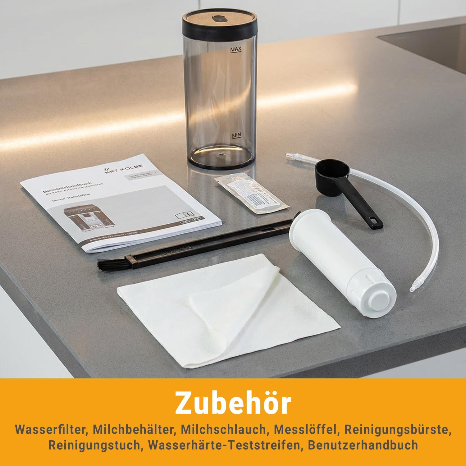 KKT KOLBE One Kaffeevollautomat mit Milchbehälter, Milchschaumdüse und Zubehör, 2 Tassen Funktion, 15 Bar, 7-stufiges Mahlwerk, Touchscreen, Automatische Reinigung, 7 Getränke, schwarz silber