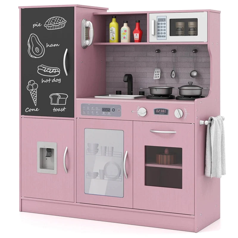 Large Wooden Kids Kitchen Playset, Little Chef Pretend Toy Kitchen Set w/Chalkboard, Microwave, Real Sounds & Lights for Toddlers Age 3+
