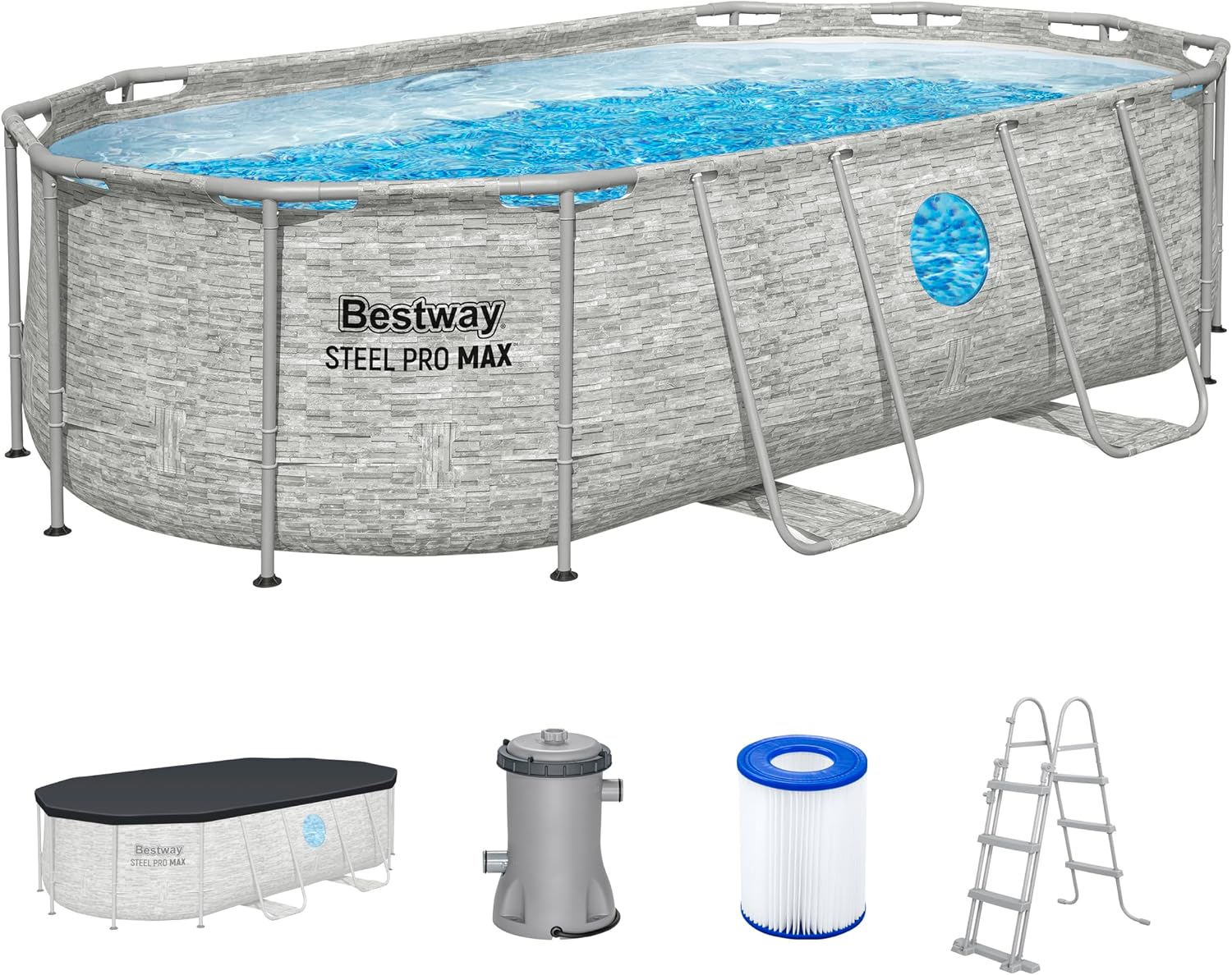 Bestway Power Steel Swim Vista Series Frame Pool Komplett-Set mit Filterpumpe 427 x 250 x 100 cm, Steinwand-Optik (Cremegrau), oval