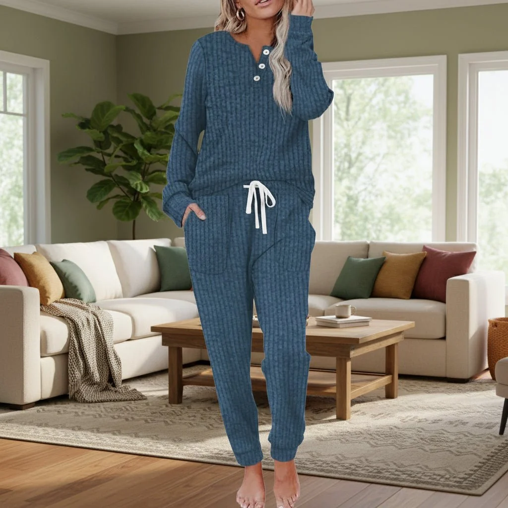 Women��s Ribbed Two-Piece Loungewear Set with Button-Neck Long Sleeve