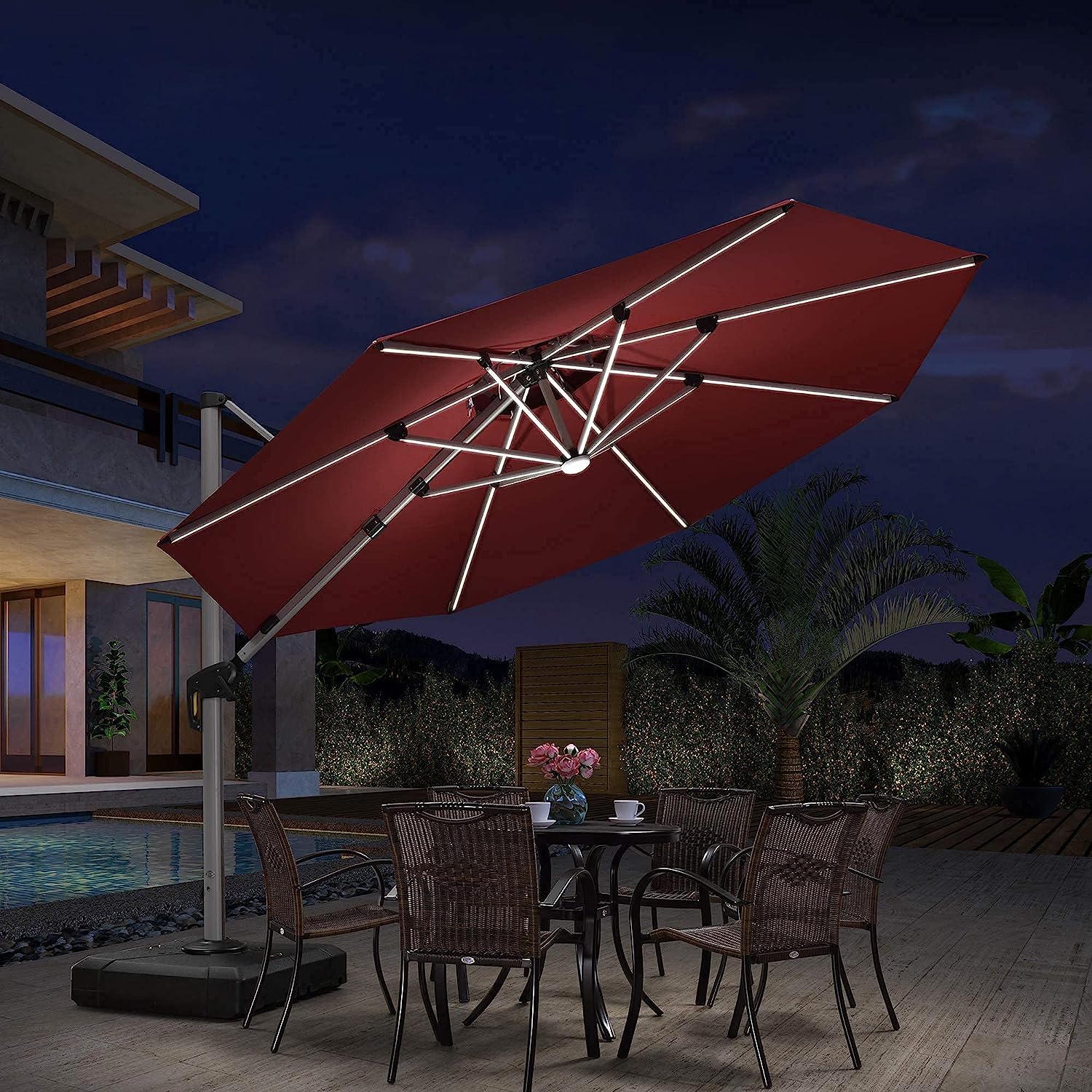 12ft Solar LED Patio Umbrella Outdoor Round Umbrella Large Cantilever Umbrella with LED Lights Windproof Bias Umbrella Heavy Duty Parasol for Garden Deck Pool Patio