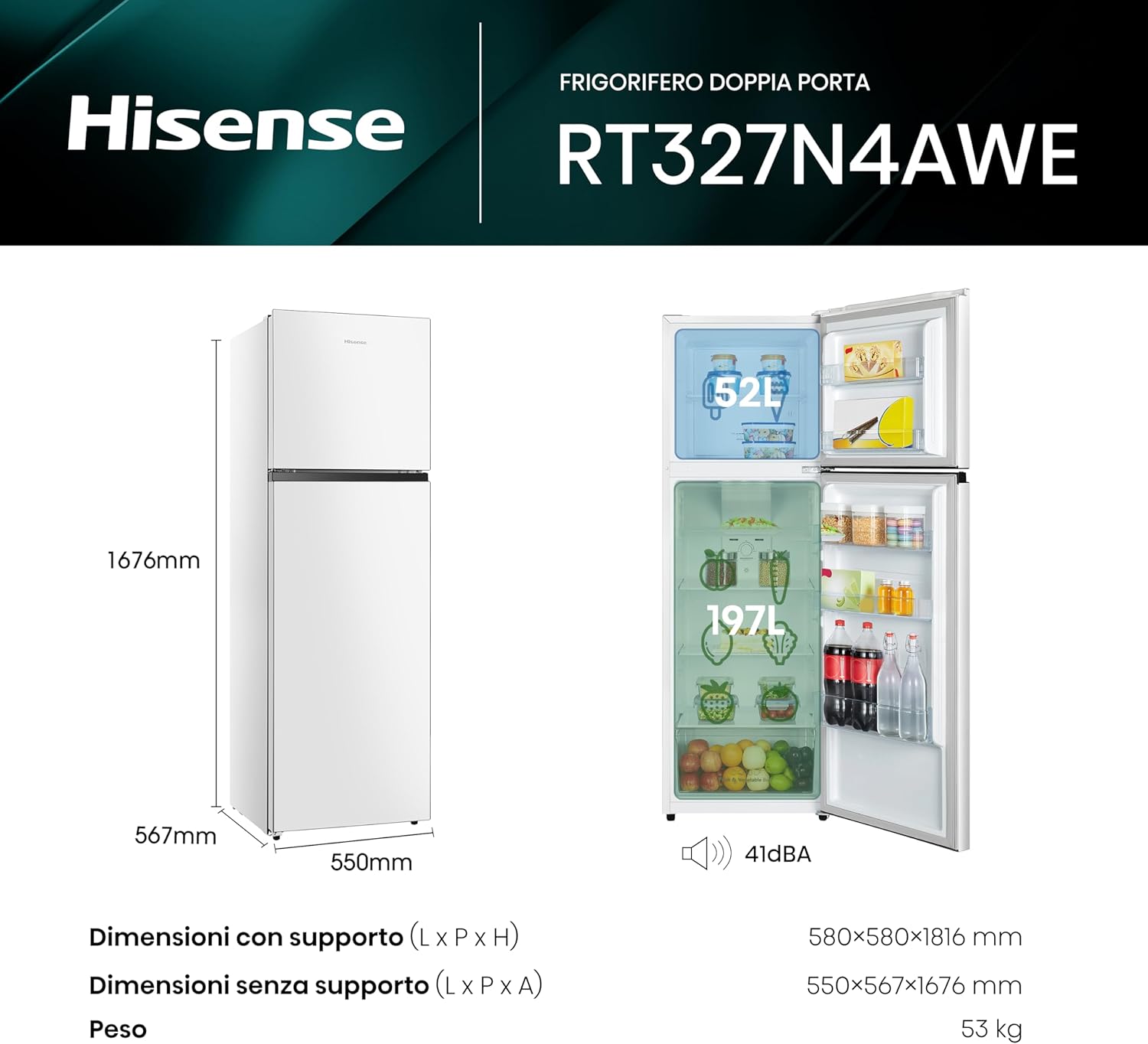 Hisense RT327N4AWE Frigorifero Doppia Porta a libera installazione Total No Frost, sistema di ventilazione Multi Air Flow, Larghezza 55 cm, Colore Bianco, Capacità netta 249 L