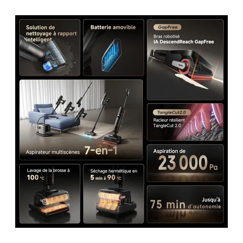 H15 Mix Aspirateur Laveur 7-en-1 - Bras Robotique Ia - Nettoyage Des Bords Triple - 23 Kpa - Lavage Brosse A L