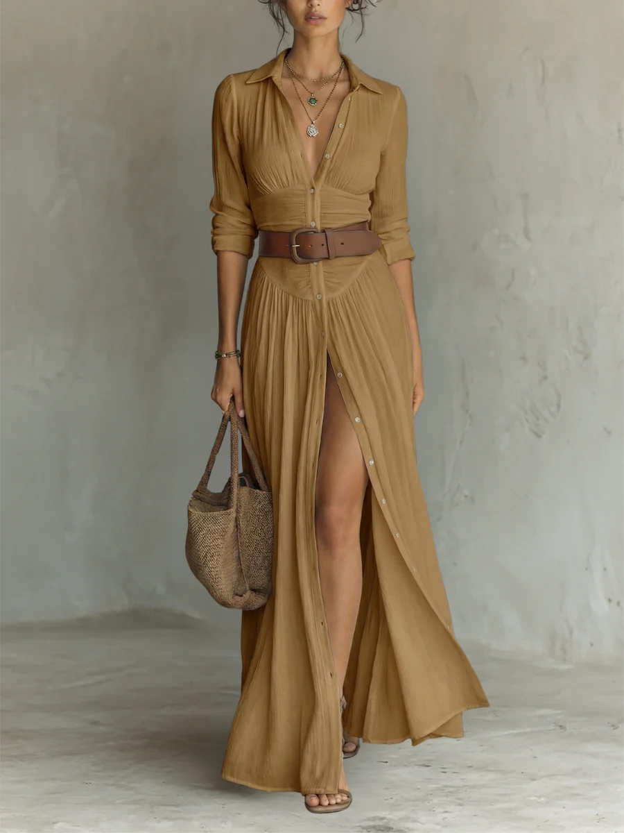 Women��s Elegant Long Sleeve Maxi Dress with Pleated Design