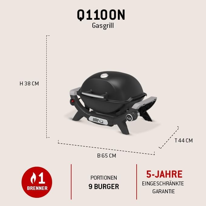 Weber Q 1100N Gasgrill/Tragbarer, leichter Grill für Camping, Terrassen und Balkone mit Hochleistungsbrenner, porzellanemaillierten Gussrosten und elektronischer Zündung, Mitternachtsschwarz