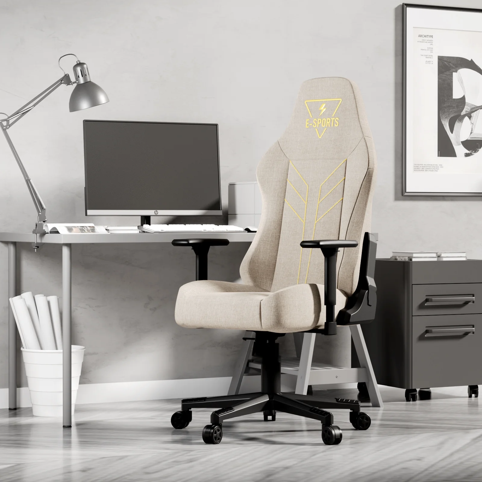 2025 Bigzzia Ergonomische Gamingstoel met Hoge Rugleuning, 3D-armleuningen, Verstelbare Hoogte, 360�� Draaibaar �C Beige