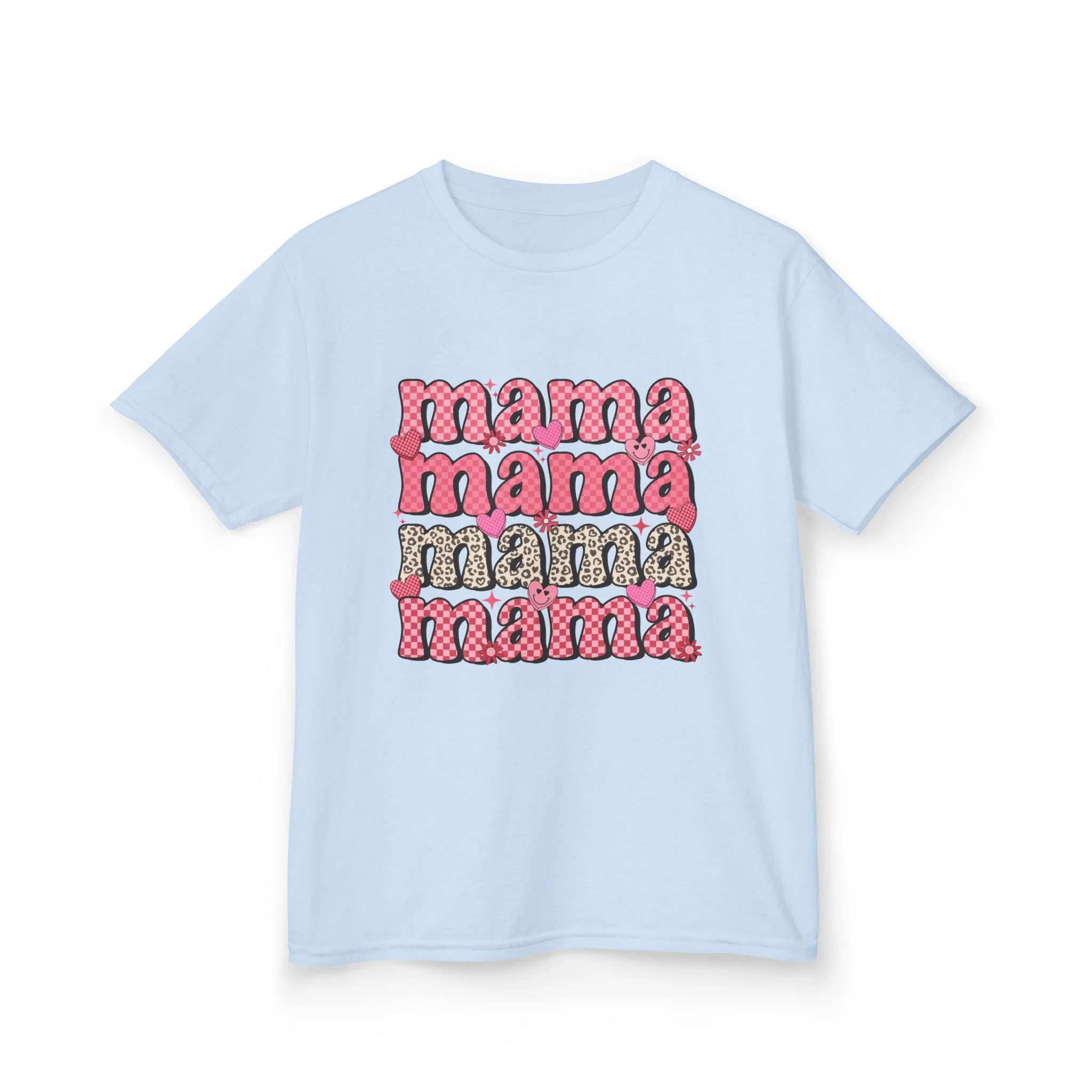 mama stacked text Kids Tee | Retro Pink Pattern