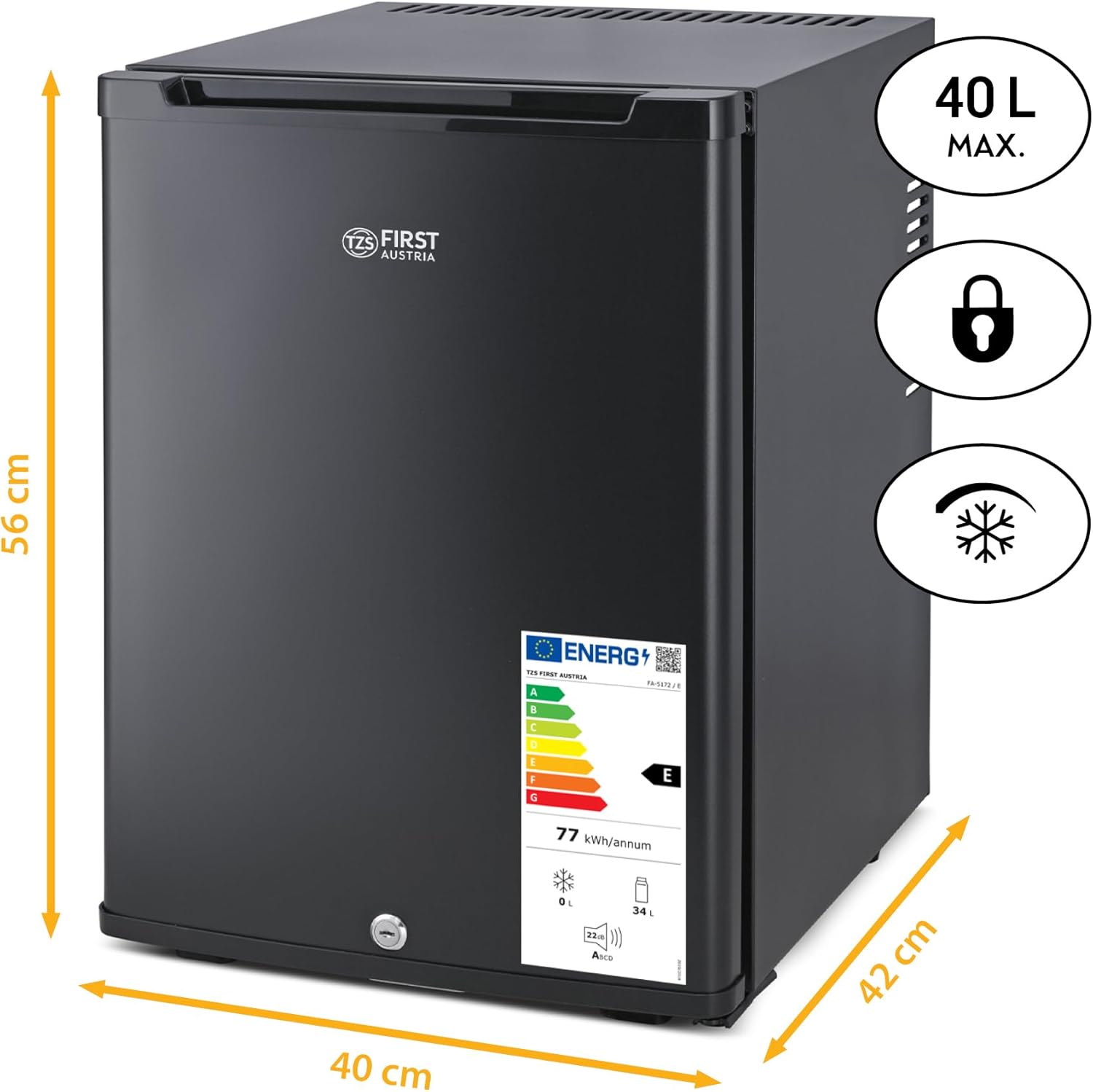 TZS First Austria - Mini Kühlschrank 40L lautlos & abschließbar - Kleiner Minikühlschrank, wechselbarer Türanschlag & Innenbeleuchtung - Minibar für Camping, Büro, Schlafzimmer & Hotel - Mattschwarz