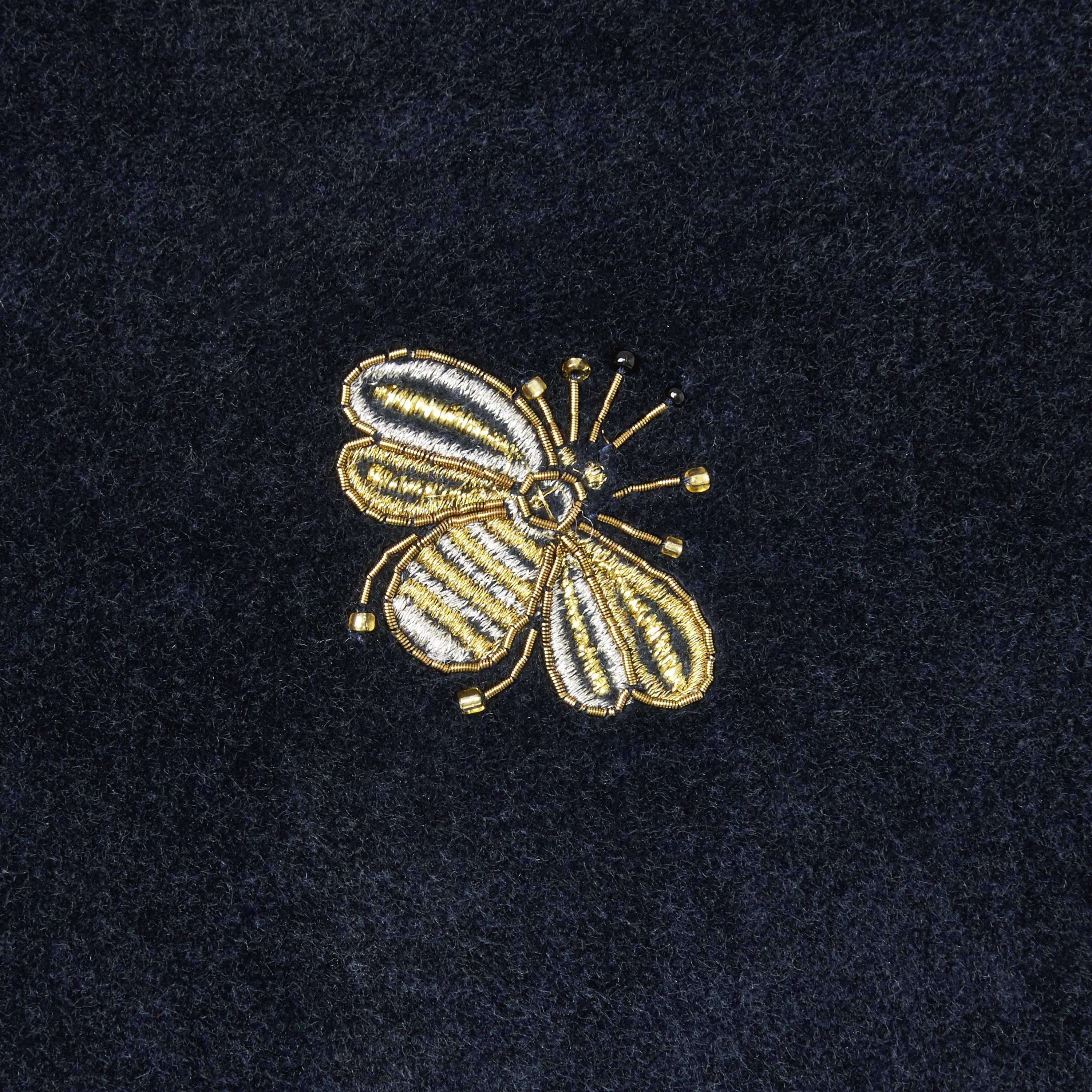 Embroidered Bee Fringe Pillow, Navy Velvet