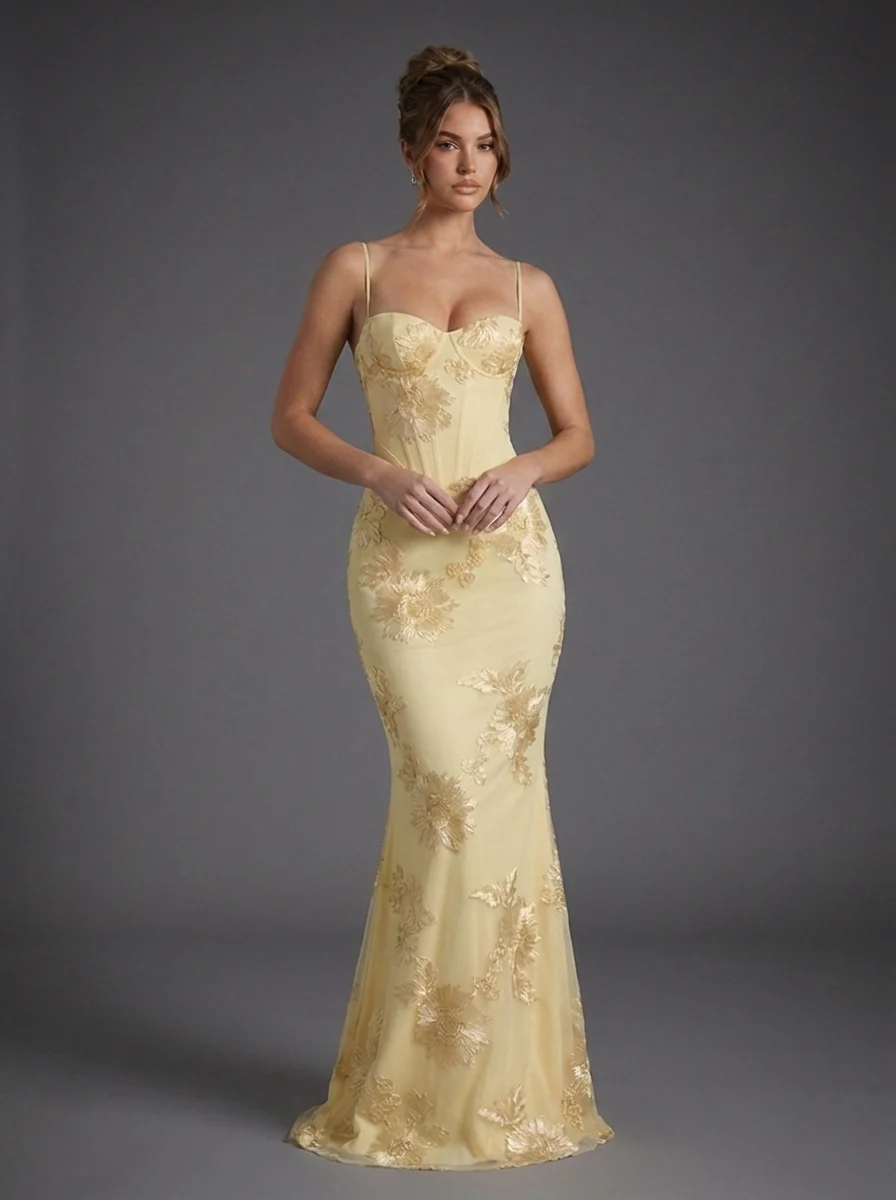 Womena??s Embroidered Fishtail Maxi Dress Elegant Corset Design
