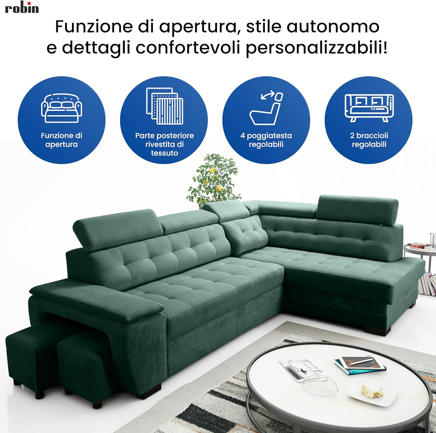 Robin Grand Divano angolare con funzione di letto cassetto per la biancheria due pouf poggiatesta regolabile angolo a sinistra grigio scuro 277 x 180 x 100