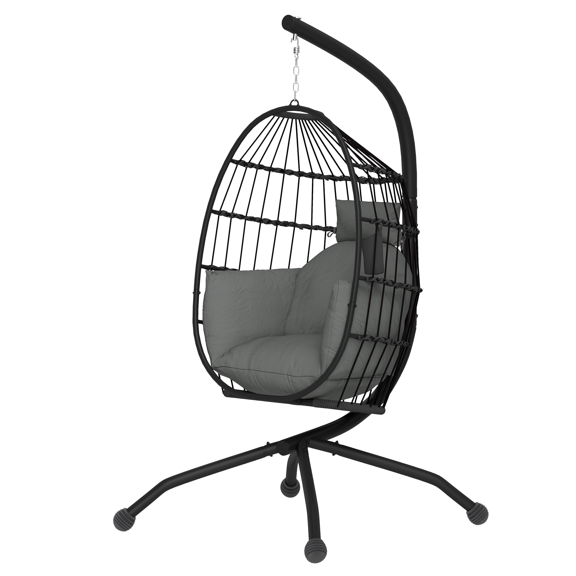 Outsunny Buitenhangstoel met inklapbare korfzitting en dikke kussens, standaard, hoofdsteun, bekerhouder, Zwart