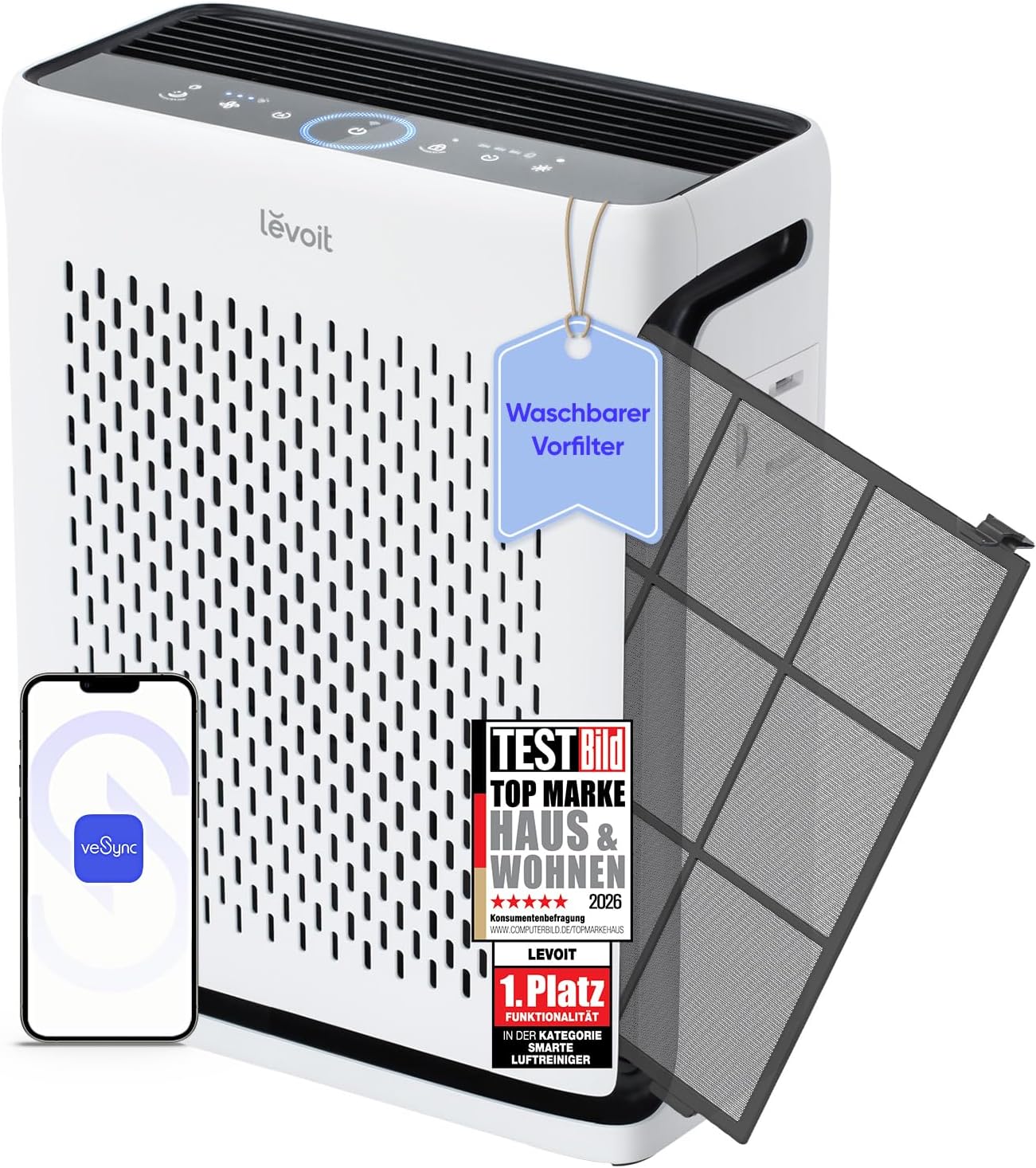 Levoit Vital 100S HEPA Luftreiniger für Allergiker, CADR 243 m³/h, HEPA- und Aktivkohlefilter, leise, PM2.5 Sensor, App und Alexa, gegen Staub, Pollen, Rauch und Gerüche, bis zu 52㎡, Mondweiß
