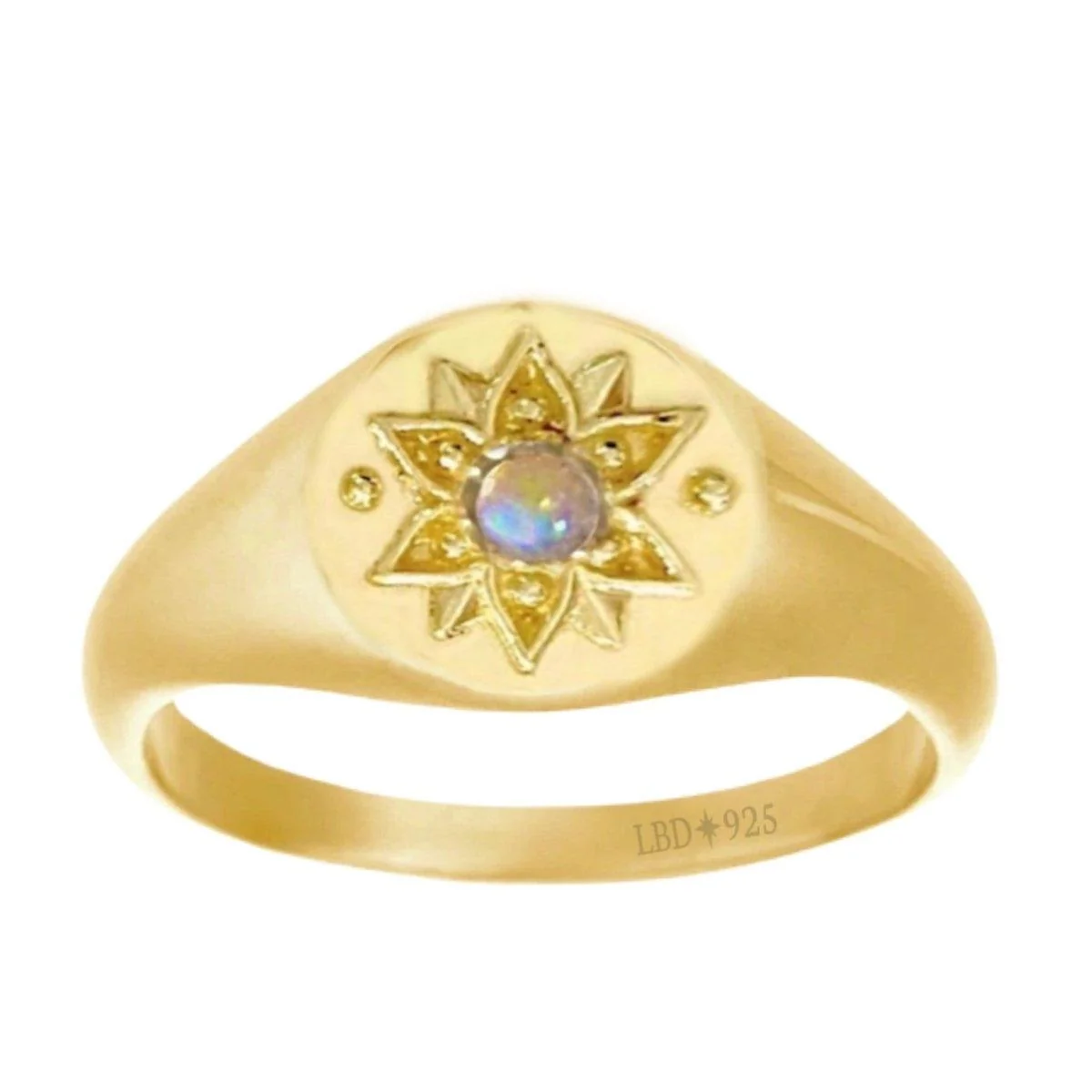 Intricate Vera May Gold Signet Ring- Genuine Opal Ring