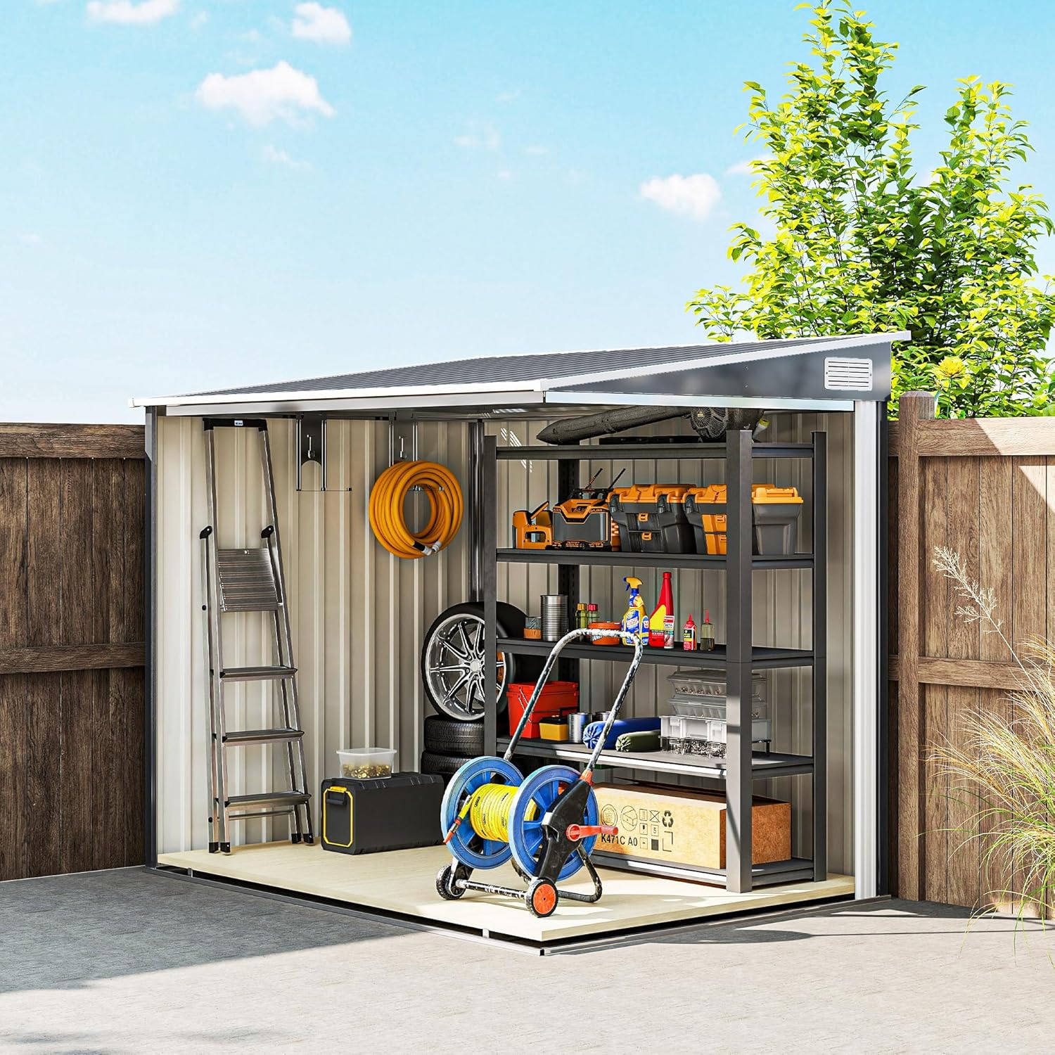 Outsunny Metall Gerätehaus 2,81m² 154x206,5x181 cm Geräteschuppen mit Pultdach Fundament Schiebetür wetterfest Gartenhaus Outdoor Garten Schuppen Schrank für Hinterhof Außenbereich Dunkelgrau
