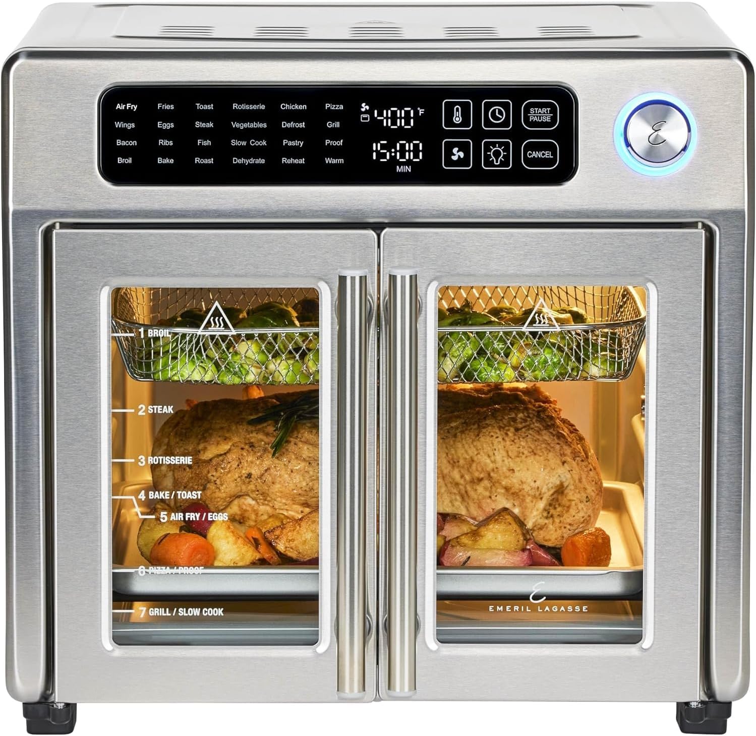 Emeril Lagasse Friteuse à air comprimé extra large, 24 fonctions de cuisson et commandes numériques, 7 accessoires inclus, finition en acier inoxydable, capacité de 26 l
