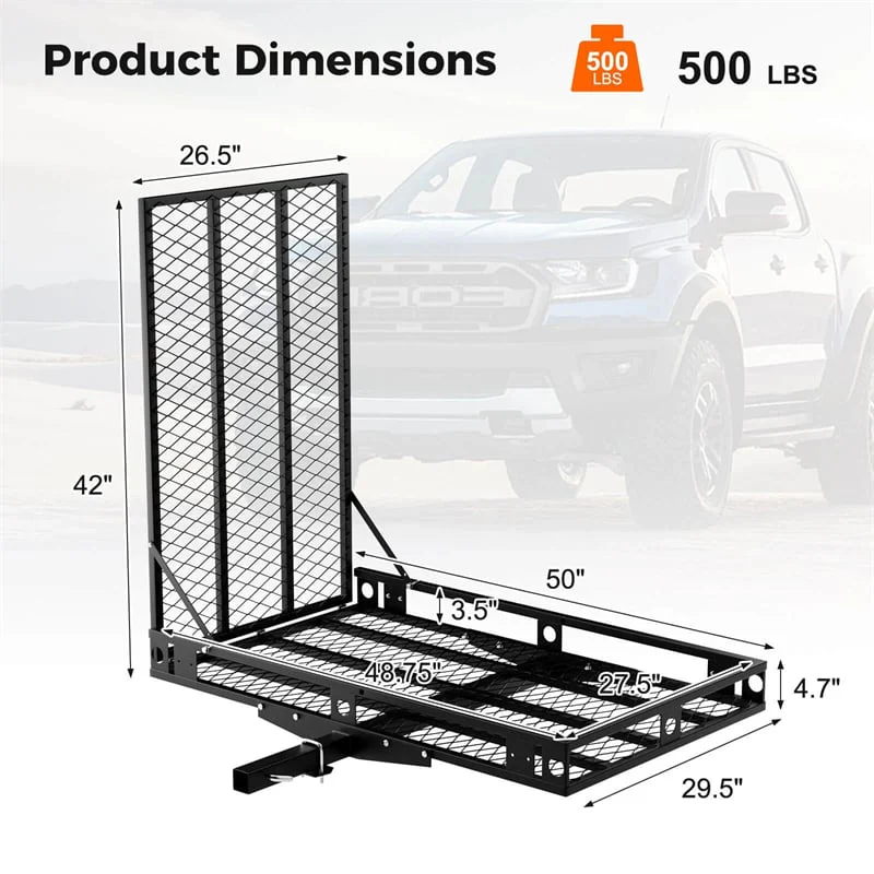 500 LBS Hitch Mount Cargo Carrier with Foldable Ramp, Heavy-Duty Mobility Scooter Wheelchair Carrier for SUV Cars with Stabilizer & 2 Tie-Down Straps