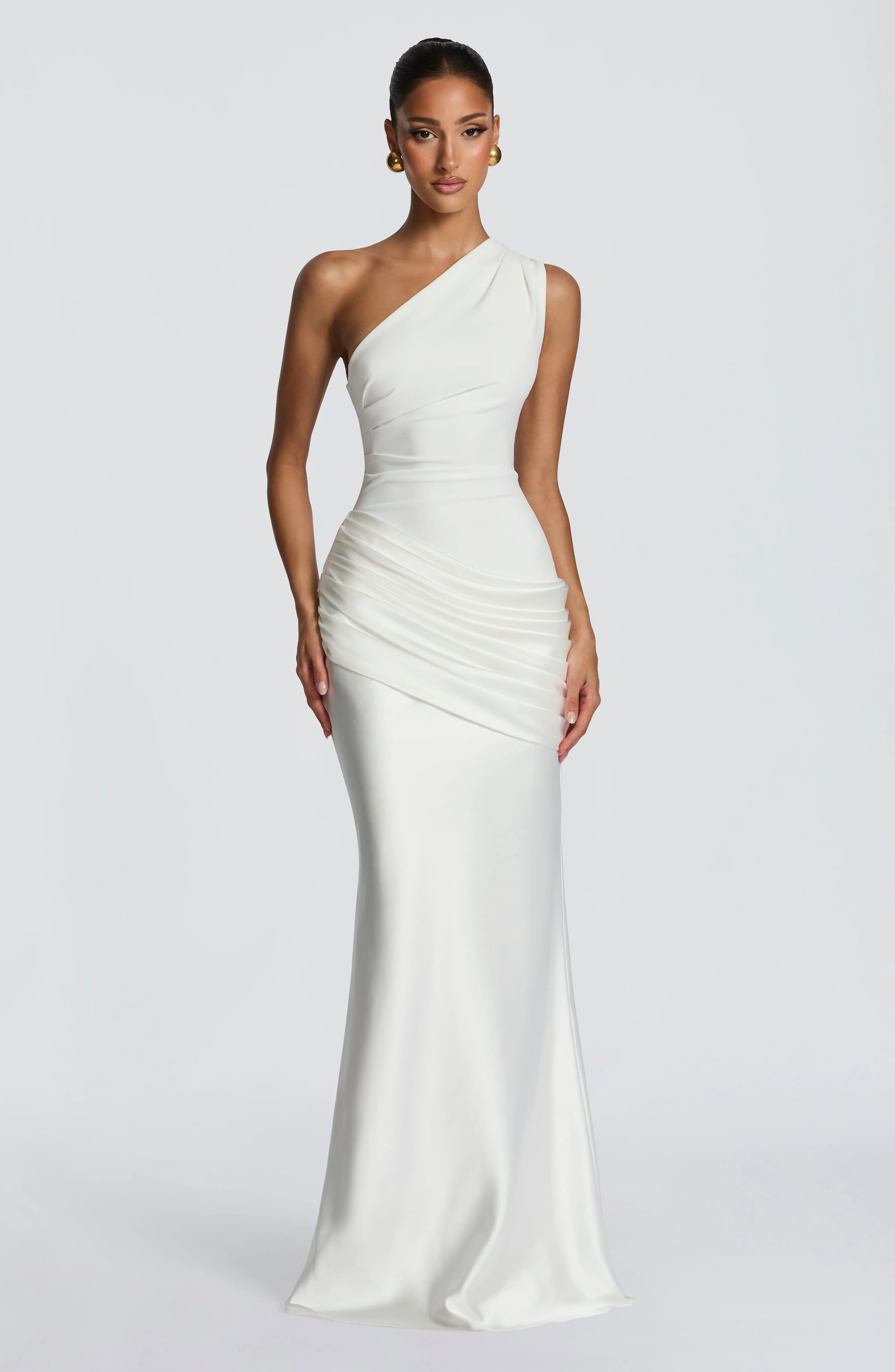 Women��s One Shoulder Satin Maxi Dress Elegant Ruched Design