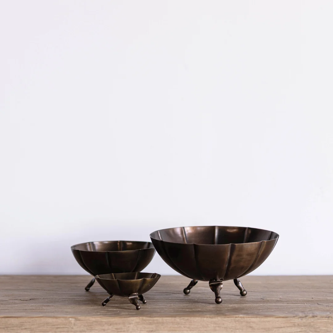 Vintage Inspired Brass Scalloped Footed Bowl Set of 3