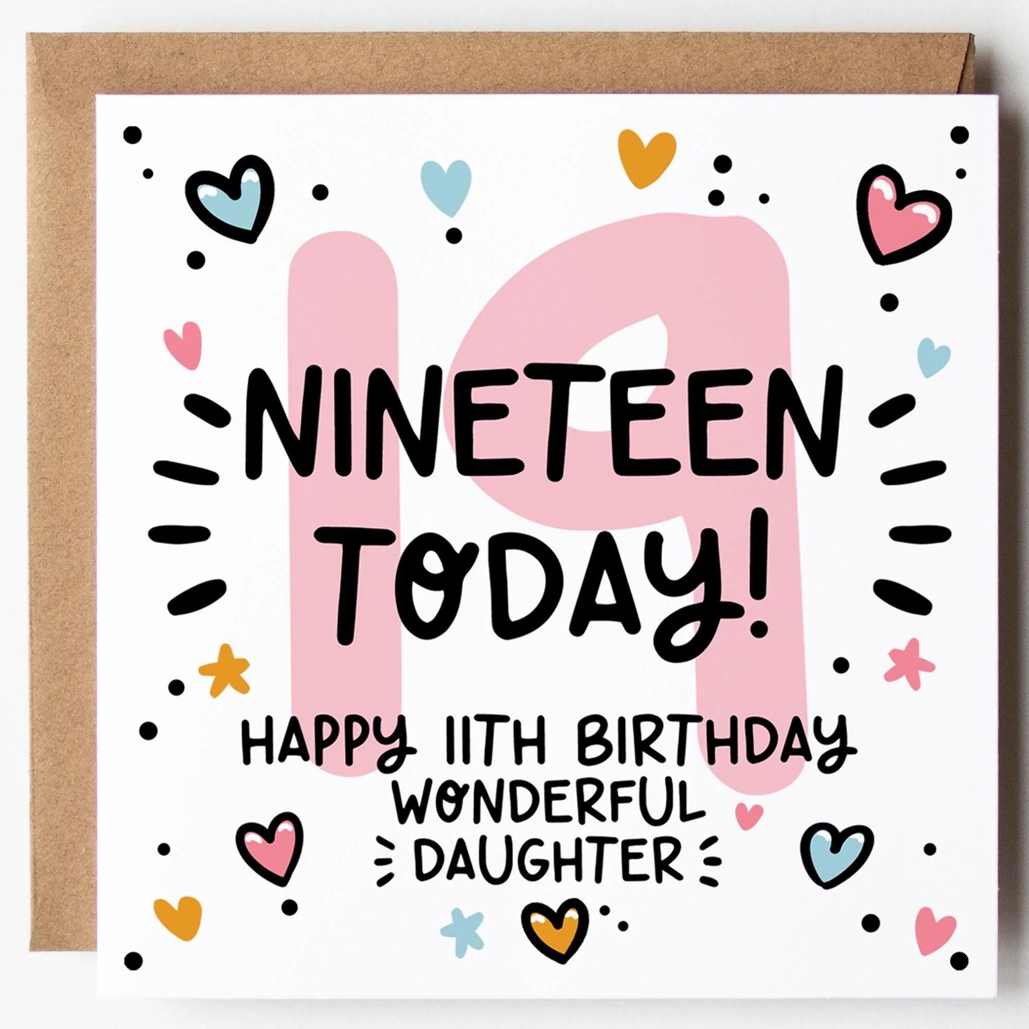 Daughter 19th Birthday Card; Nineteen Today, with Kraft Envelope