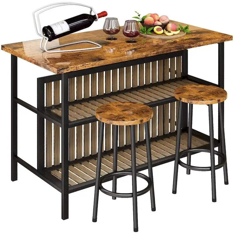Kitchen Island with 2 Stools and Open Shelves