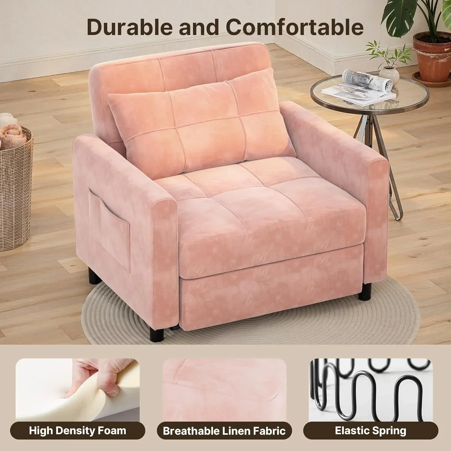 Sofa Bed Chair 3 in 1 Convertible Pullout Single Sleeper Chair Bed Spacious Multifunctional Sofa