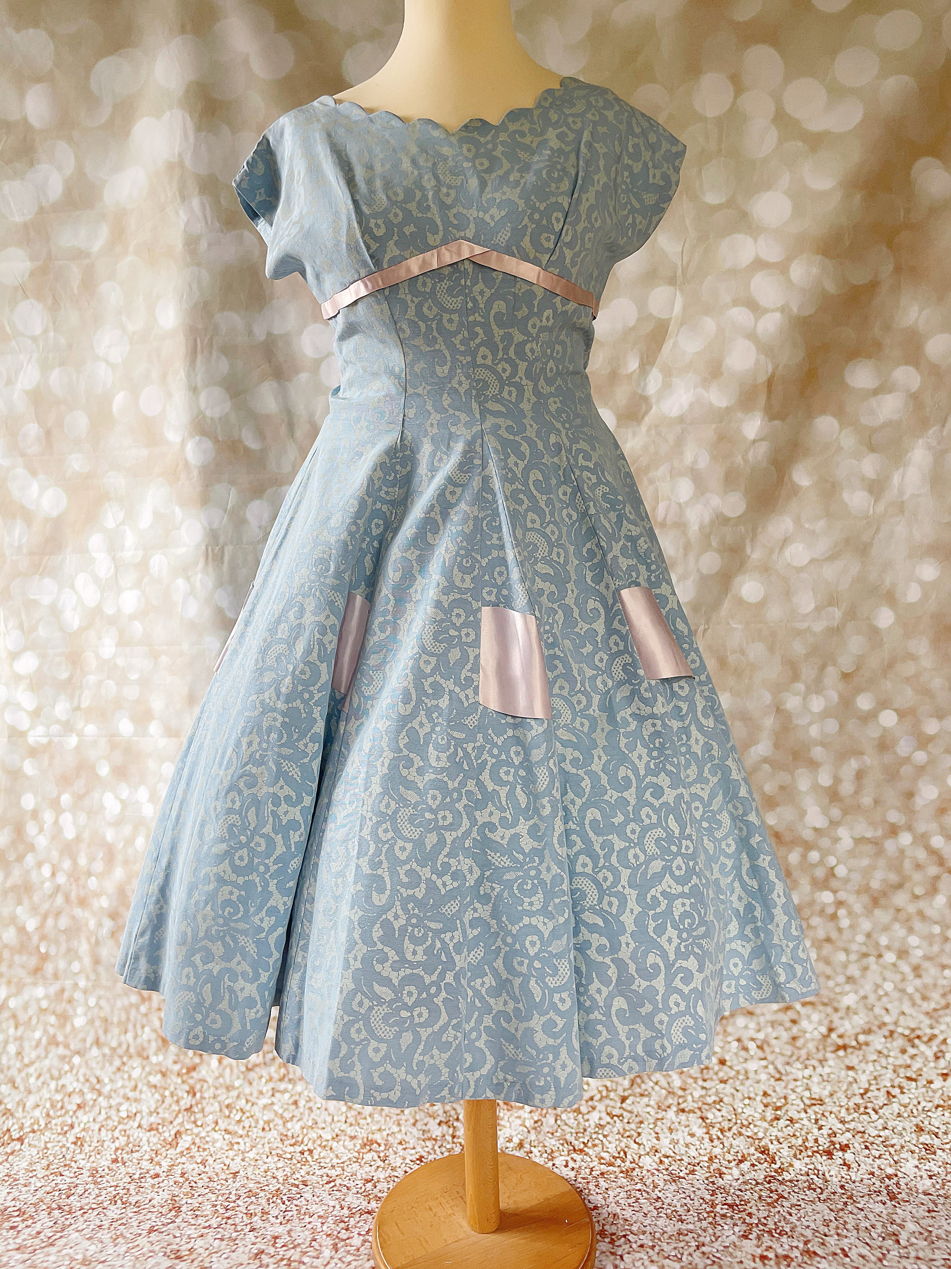 1940s Blue Lace Effect Brocade Prom Dress