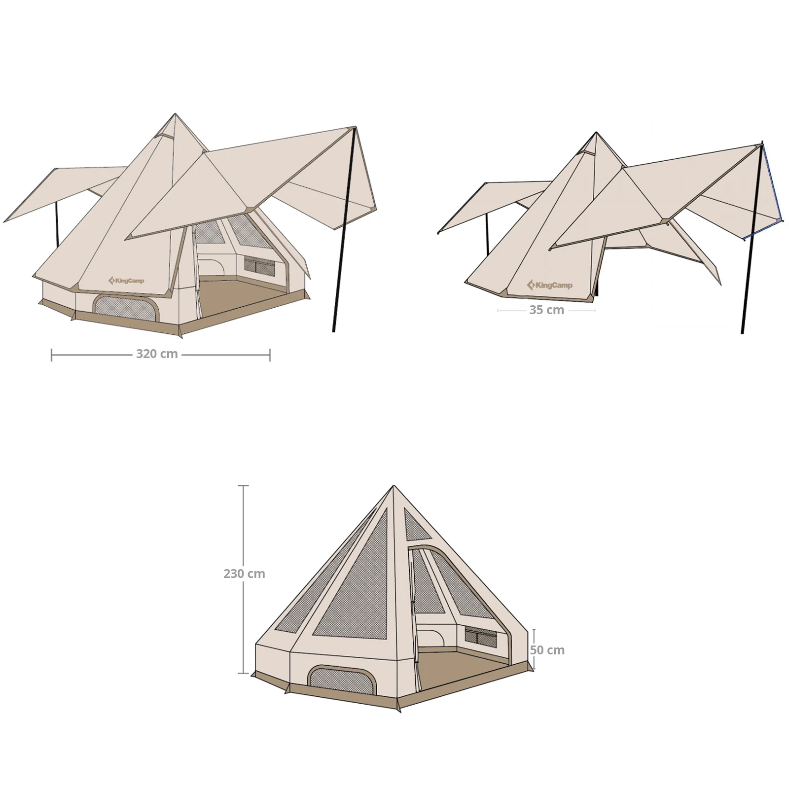 2025 KingCamp Dschingis 320 Light – Tenda tipi per 2 persone con diametro di 3,2 m, colonna d’acqua 3000 mm e vele parasole regolabili per glamping e festival