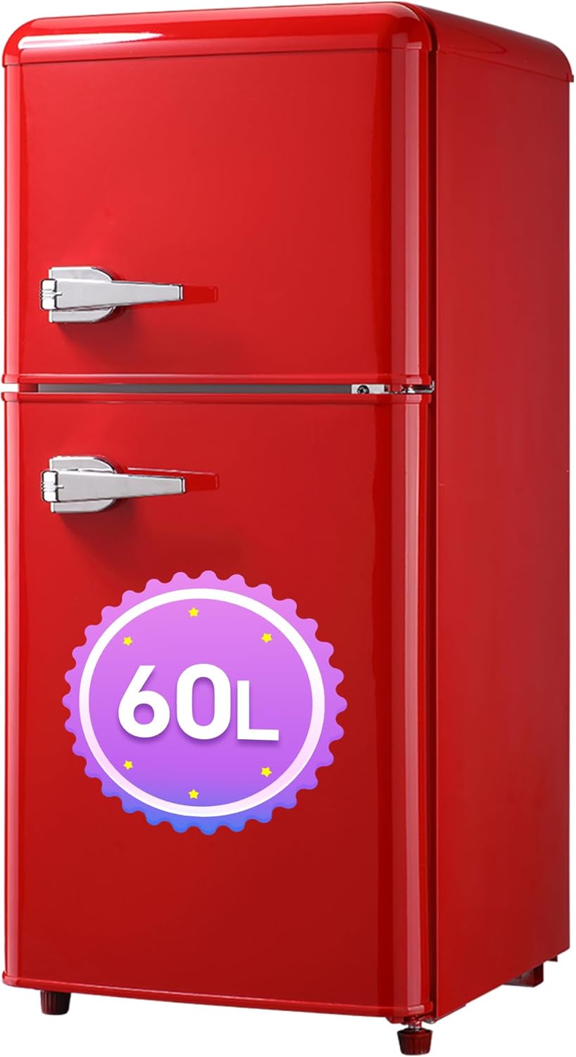 DRIXNO Retro-Kühlschrank Rot Gefrierkombination. 86,8 cm hoch, 45,5 cm breit, zweitürig, mit 60 Liter Gesamtvolumen, 22 Liter Gefriervolumen. 163 kWh/Jahr, -27°C ∽ 13°C, LED-Licht