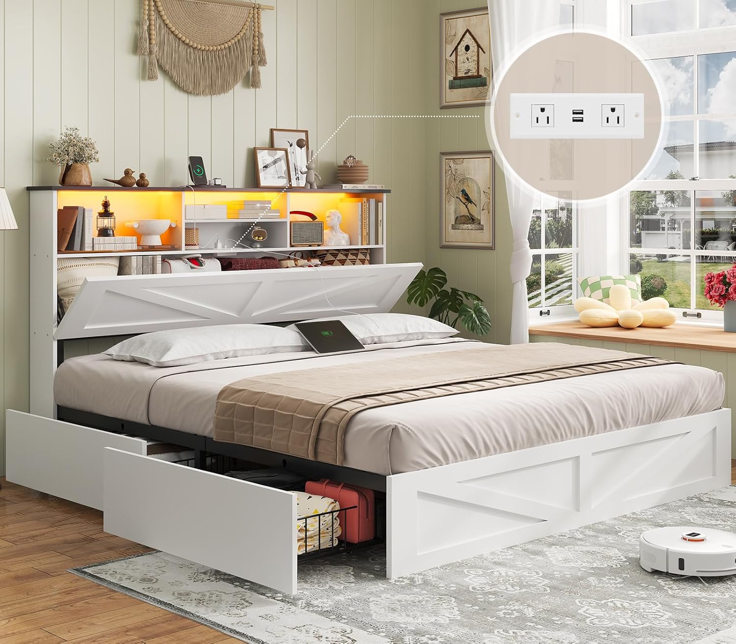 AOGLLATI Farmhouse Bed Frame Full Size with 4 Storage Drawers and Charging Station, Wooden Full Size Bed Frame with Hidden Space Bookcase Headboard and Led Lights & Metal Slats, White