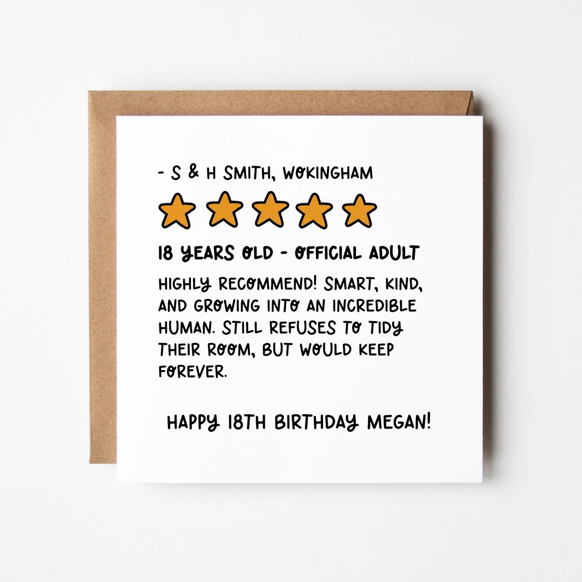 Personalised 18th Birthday Card: Review Design, Kraft Envelope