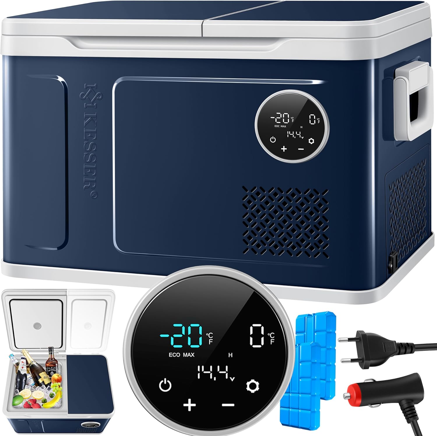 KESSER® Kompressor Kühlbox 2in1 Doppelzone Kühl & Gefrierfach elektrische Gefrierbox mit 2x Kühlakkus & LED-Touch-Bedienung | Kühlschrank Kühlung bis -20 °C für Camping, Auto, Lkw 12/24V 230V
