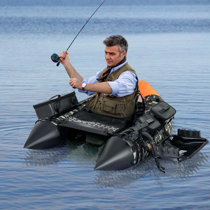 Inflatable Fishing Float Tube, 350LBS Portable Belly Boat with Rod Rack Basket, Fish Finder Holder, Fish Ruler, 3 Storage Boxes & Pump