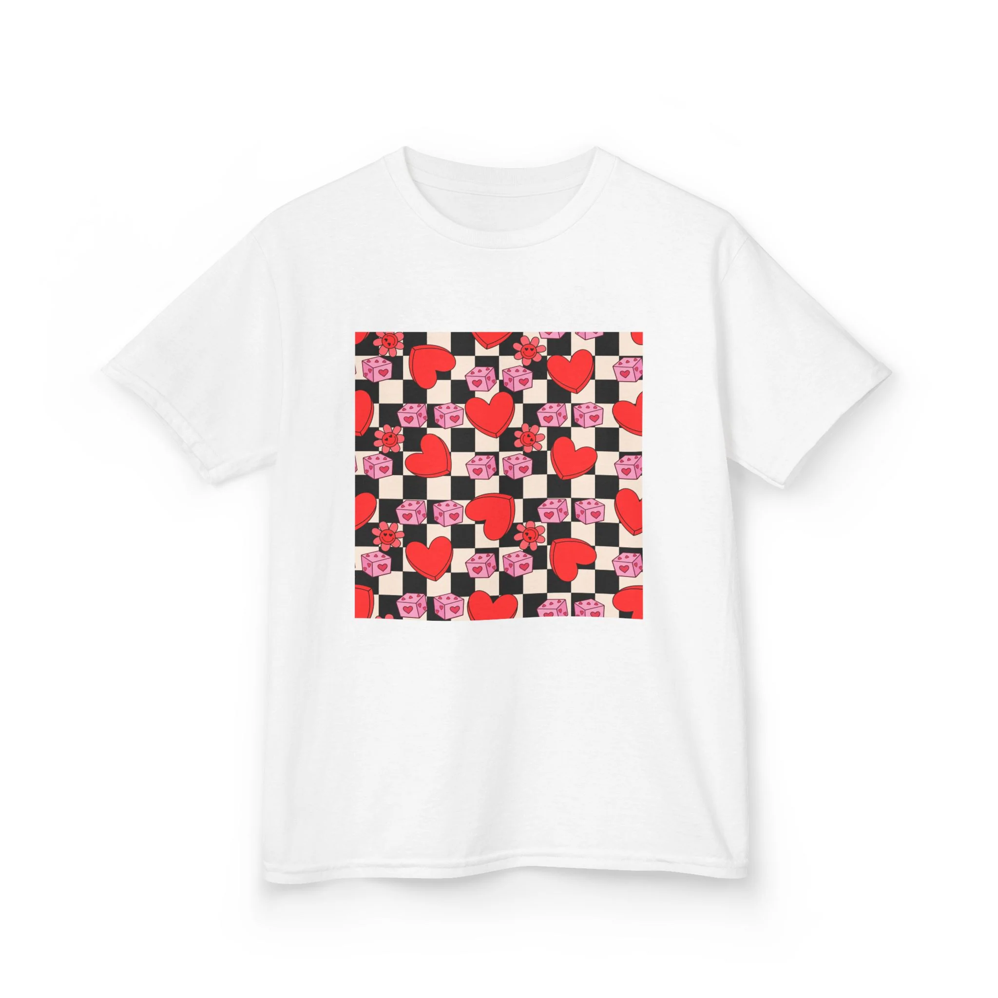 Checkerboard Hearts Kids Tee | Red Pink Black Heart Pattern