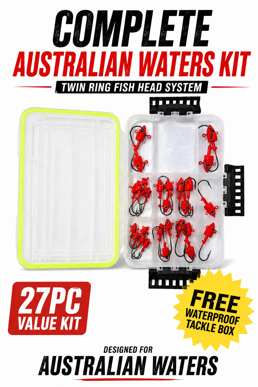 MASTERPRO Complete Australian Waters Kit 27PC Twin Ring Fish Head Jighead Set + FREE Waterproof Tackle Box