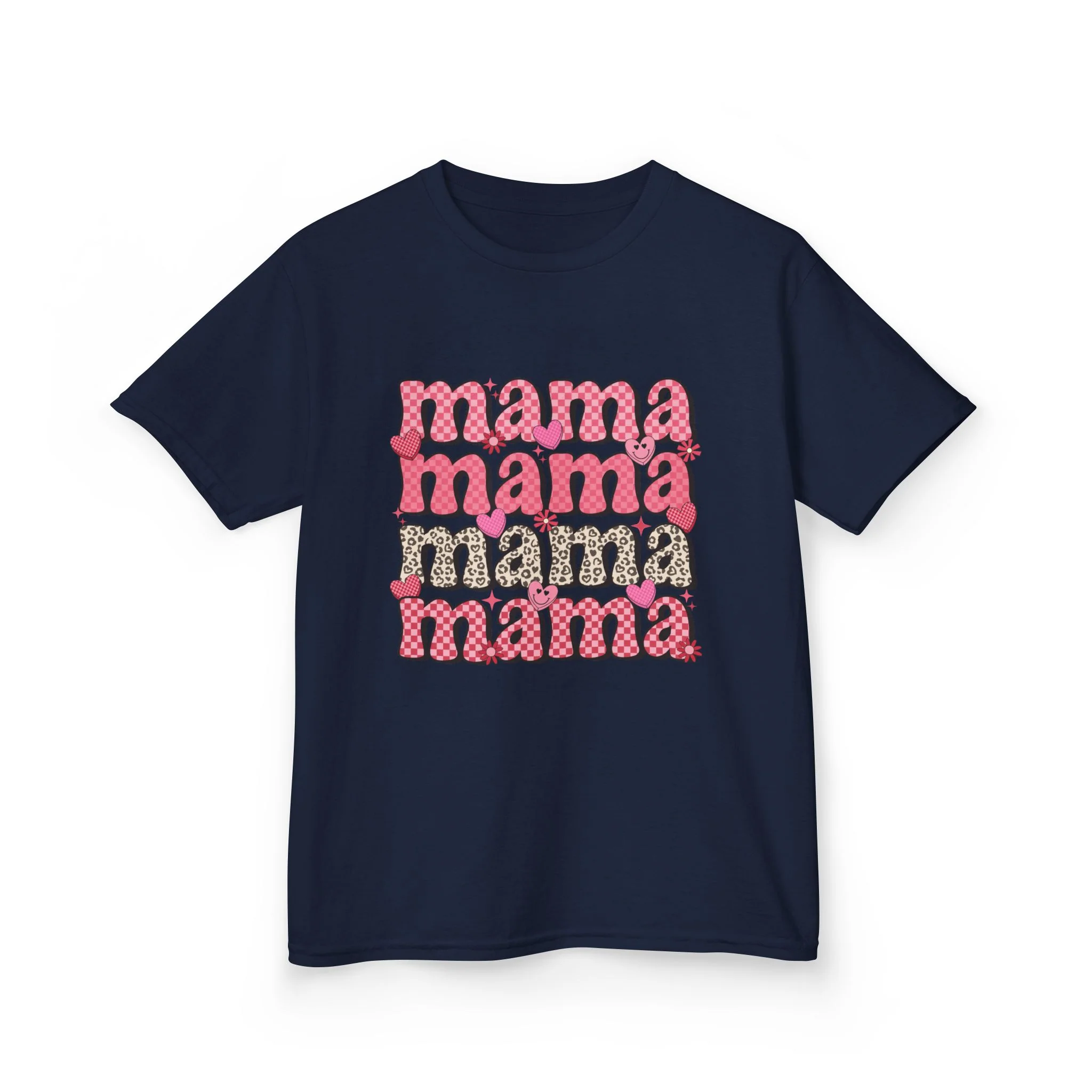 mama stacked text Kids Tee | Retro Pink Pattern