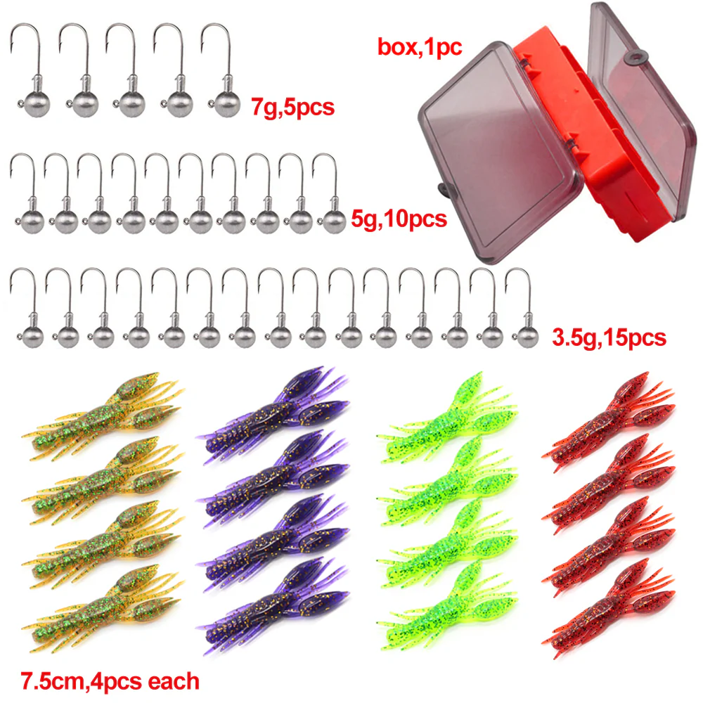 3 sizes of jig heads, 16pcs of 4 colours of yabbies  with double side soft plastic box C
