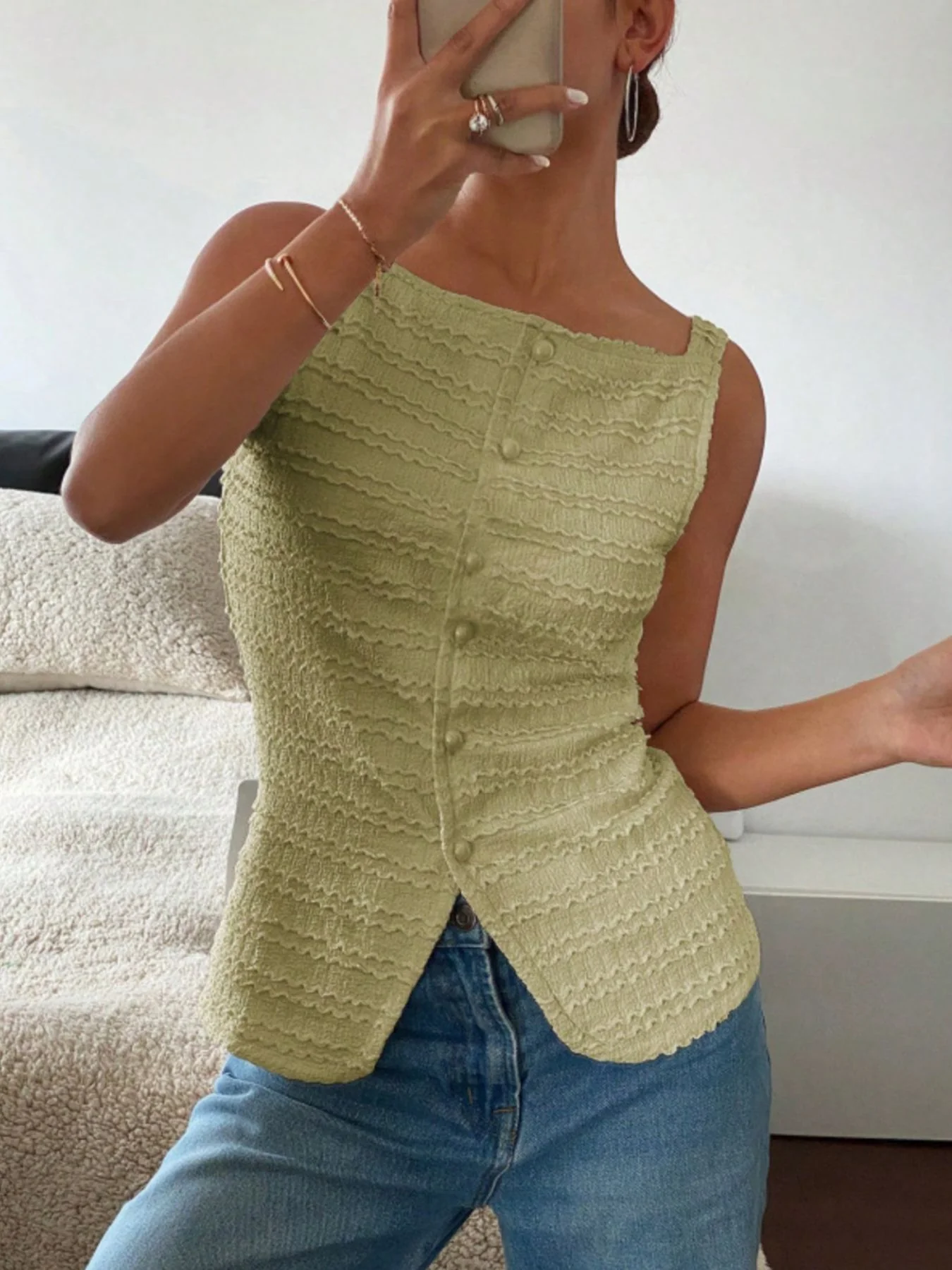 Textured Button-Front Tank