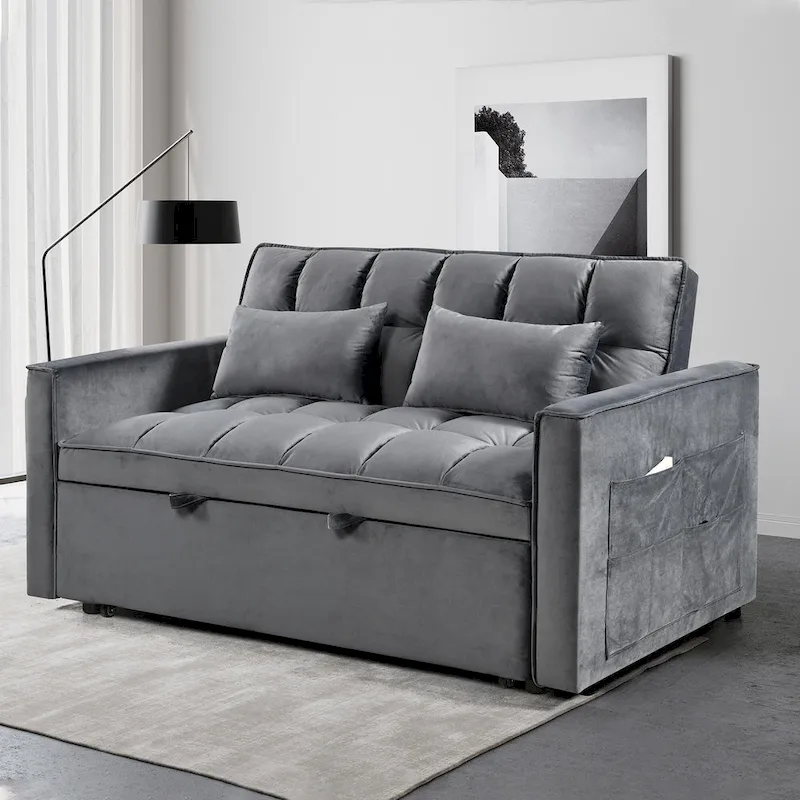 Modern Velvet Loveseat Futon Sofa Couch Pullout Bed, Small Love Seat Lounge Sofa w/Reclining Backrest, Toss Pillows, Pockets