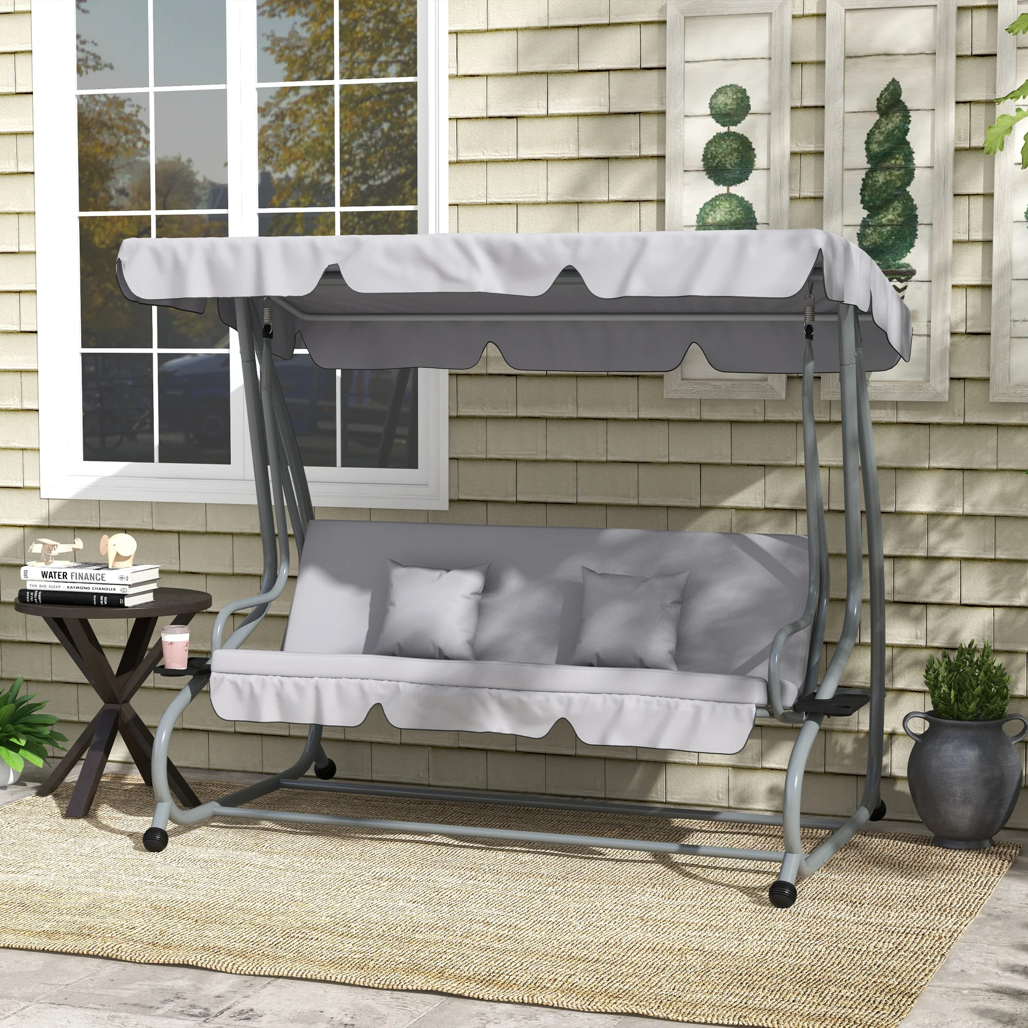 Outsunny 2-in-1 Hollywoodschommel met Ligfunctie, Verstelbaar Dak, tot 340 kg, Staal, 200x120x164 cm, Grijs