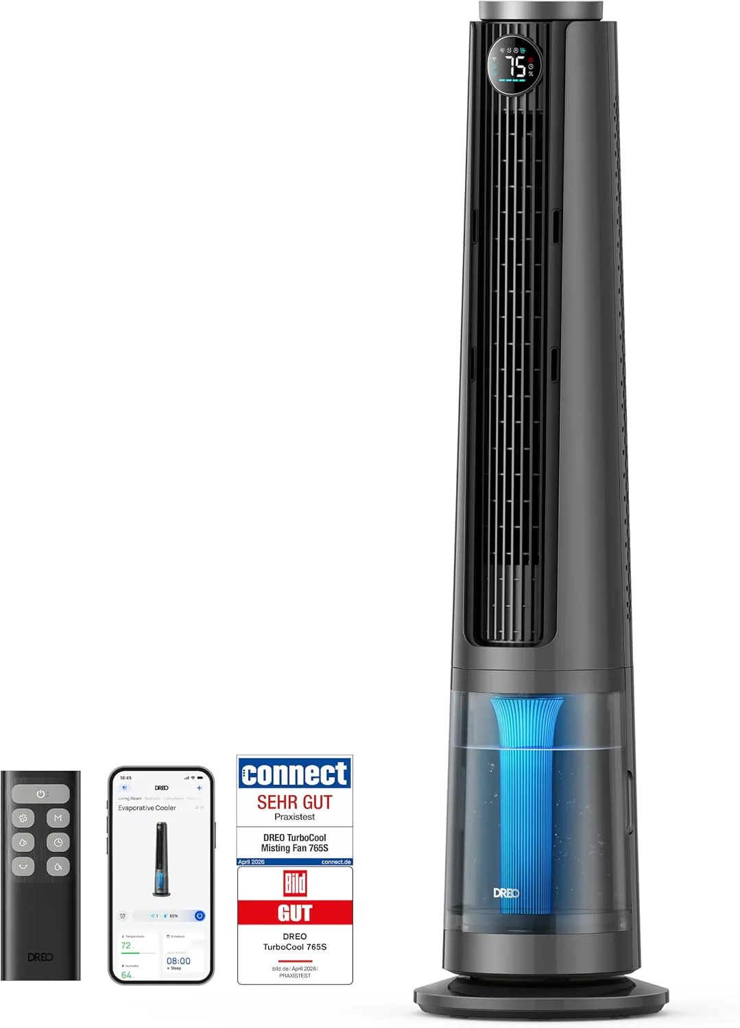 DREO TurboCool 765S párásító ventilátor, 3 az 1-ben toronyventilátor ultrahangos párásítóval, Wi-Fi-vel és alkalmazásvezérléssel, 6 literes tartály, 10,4 m/s légáram, 20 dB-es csendes DC motor, 90°-os oszcilláció, 12 sebességfokozat, 4 üzemmód