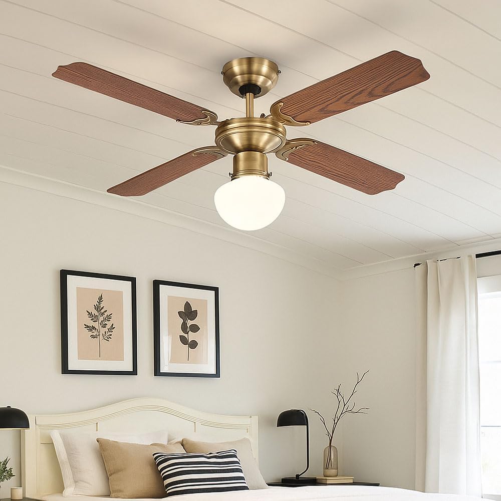 LED Deckenventilator mit Zugschalter Ventilatorlampe Decke 3 Stufen Ventilator Deckenleuchte, Vor-Rücklauf, Eiche Geflecht Glas Altmessing, 1x LED 9W 810Lm, D 106,6 cm