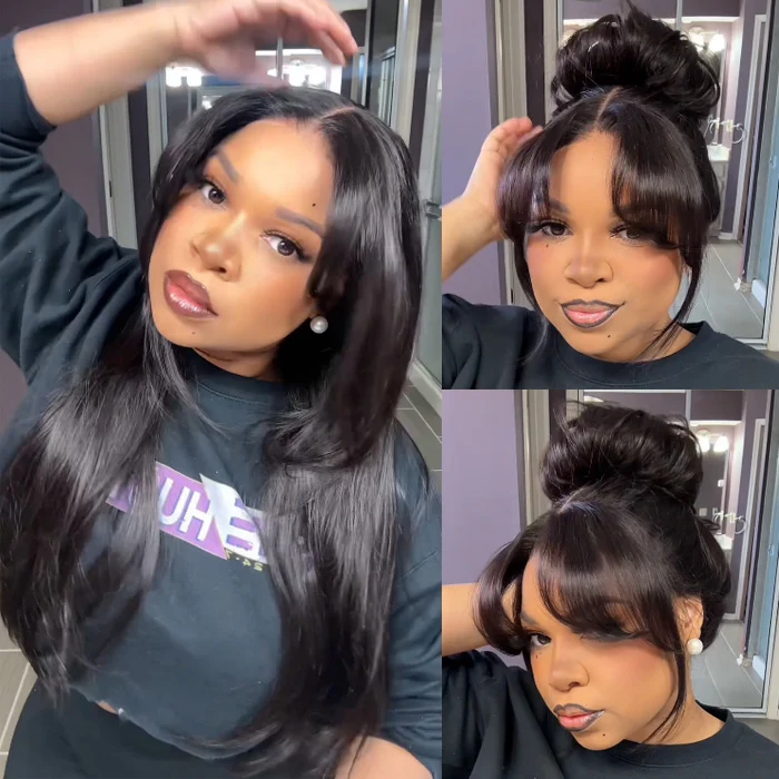 Curtain Bangs 13x4 HD Lace Wig Butterfly Layered Straight Human Hair Wigs With Adjustable Strap USA 24 Hours Shipped